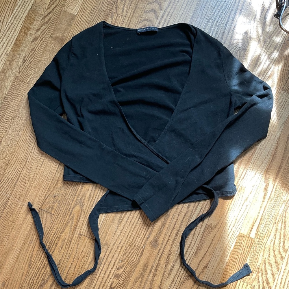 Brandy Melville Long Sleeve Black Wrap Top Slightly Cropped size best fits XS-S